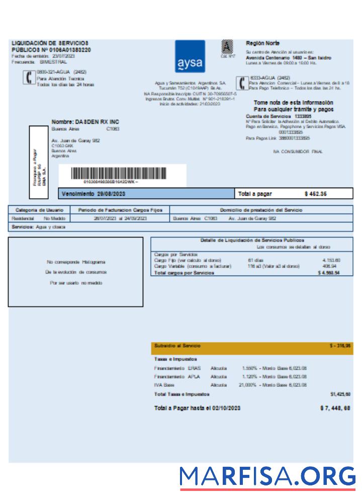 Realistic Argentina water business utility bill SCR real example